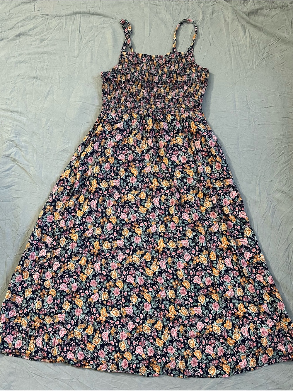 Old Navy Black Floral Smocked Maxi Dress with Pink & Yellow Roses
